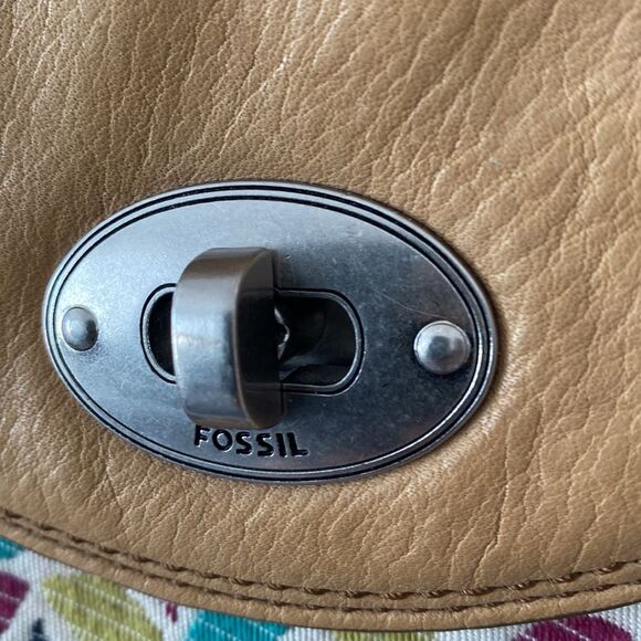 VTG Fossil Tan Leather Canvas Geometric Patterned Crossbody Bag Boho Retro NWOT - Picture 5 of 11